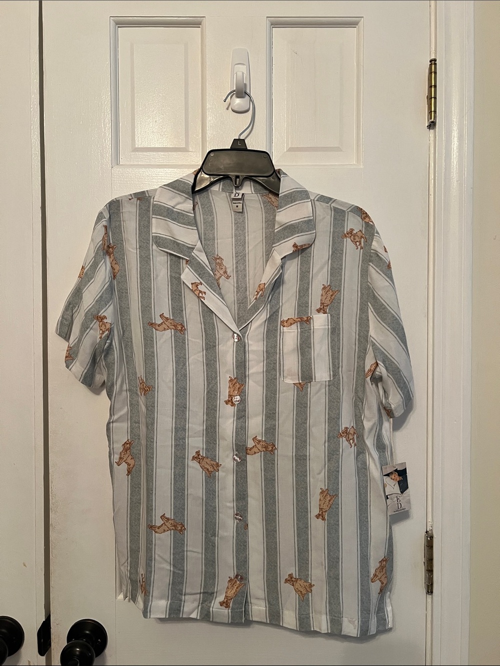 Ellen Degeneres Green & White Striped Short-Sleeve Pajama Top with Dog Print